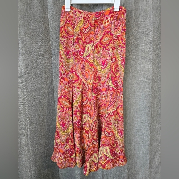 Vintage Talbots Sz 8 100% Silk Skirt Orange Yellow Lined Maxi Paisley Fit Flare - Picture 1 of 5